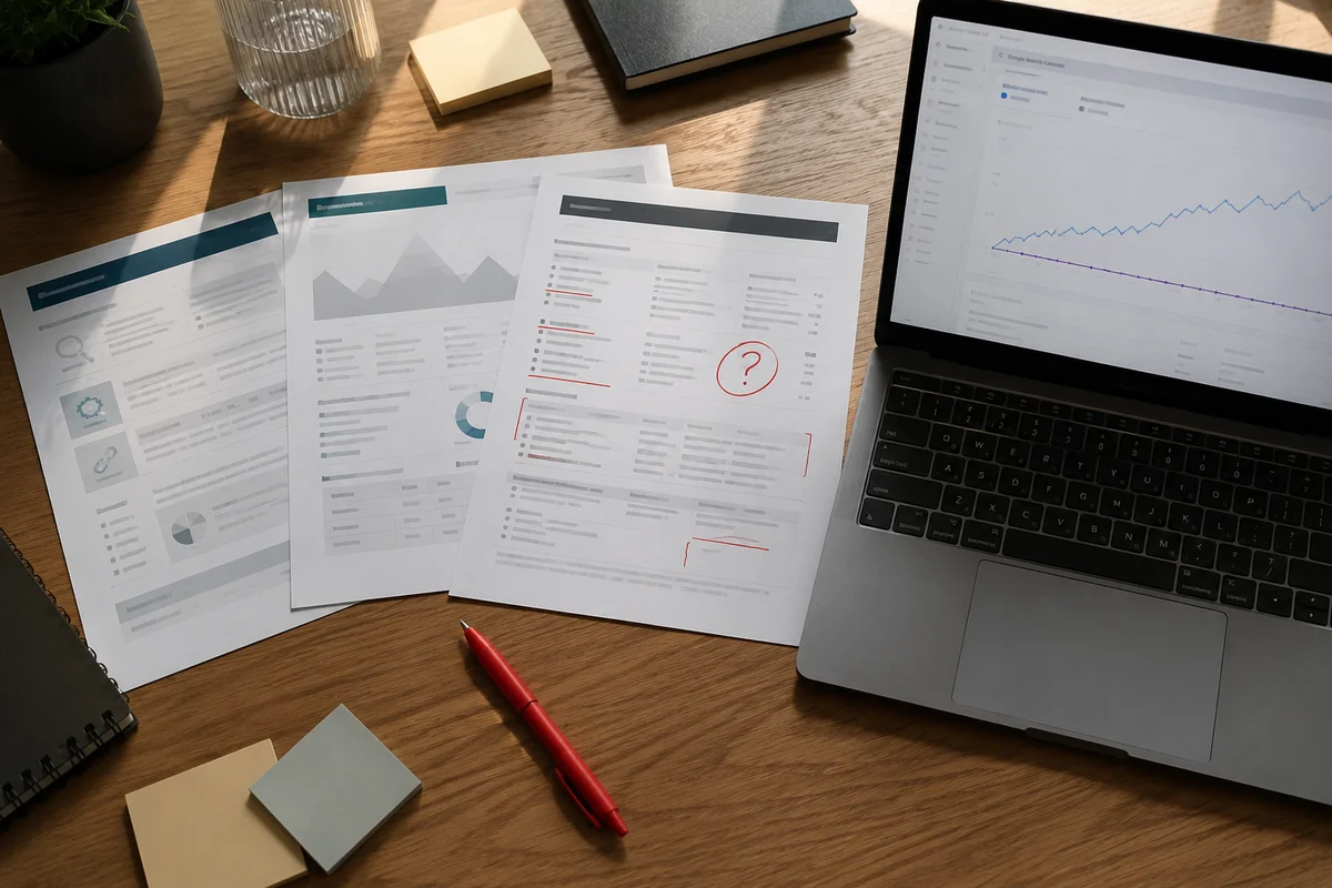 A Kuwait business owner comparing SEO agency proposals and a Google Search Console report on a desk